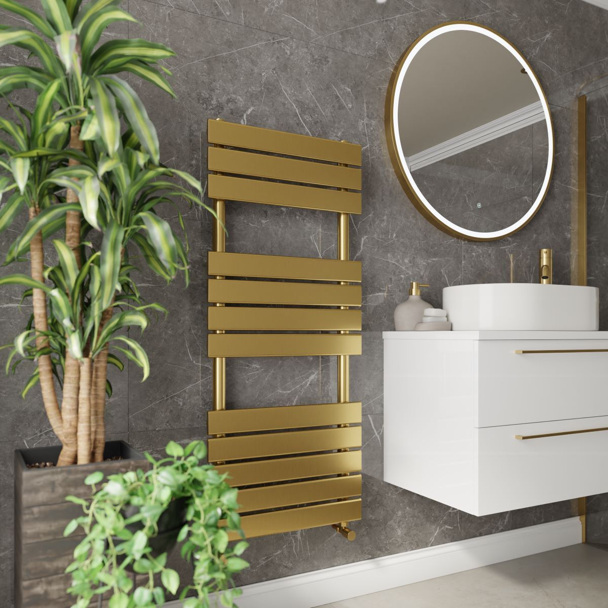 Brass towel rail in bathroom setting Brass towel rail in bathroom setting